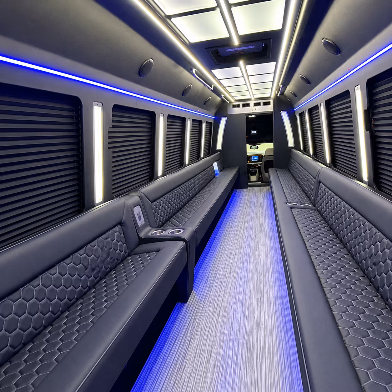 Wedding guests seated inside a party bus serving Santa Ana